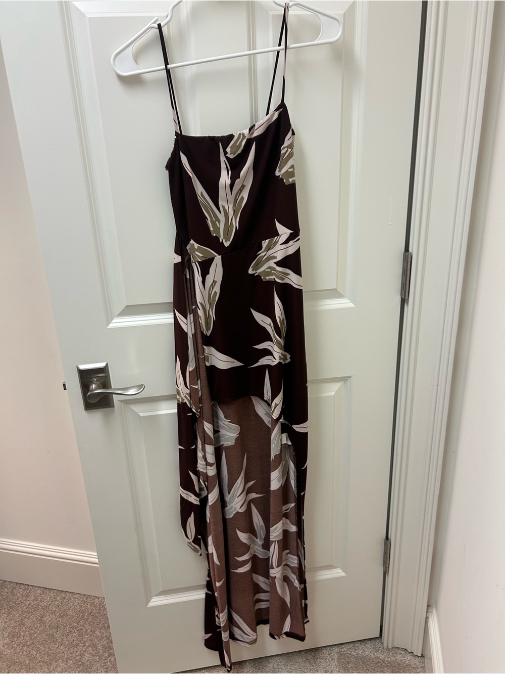 Lovely Day Brown Floral High-Low Slip Dress with White and Olive Print